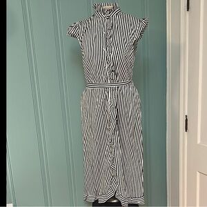Who What Wear Black and White Striped Midi Dress with Cap Sleeves and Ruffles